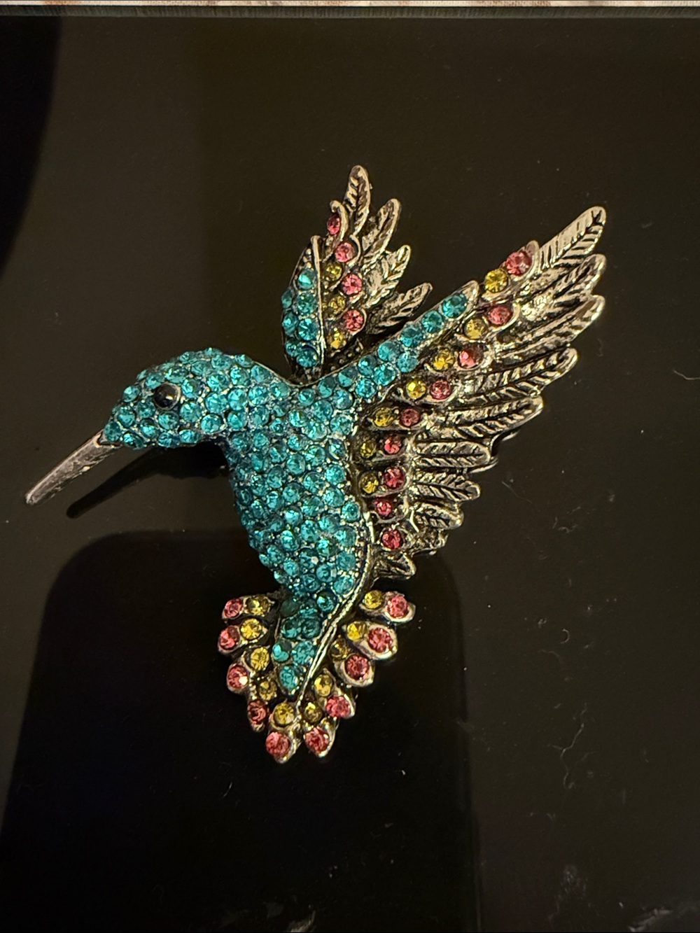 Crystal Hummingbird Brooch - Turquoise, Pink & Yellow Accent